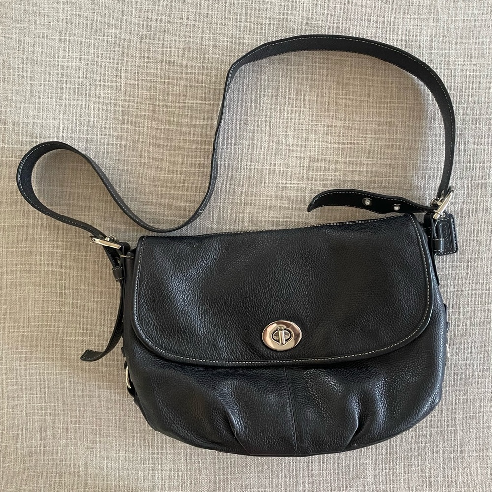 Black Leather Coach Purse with Blue Lining